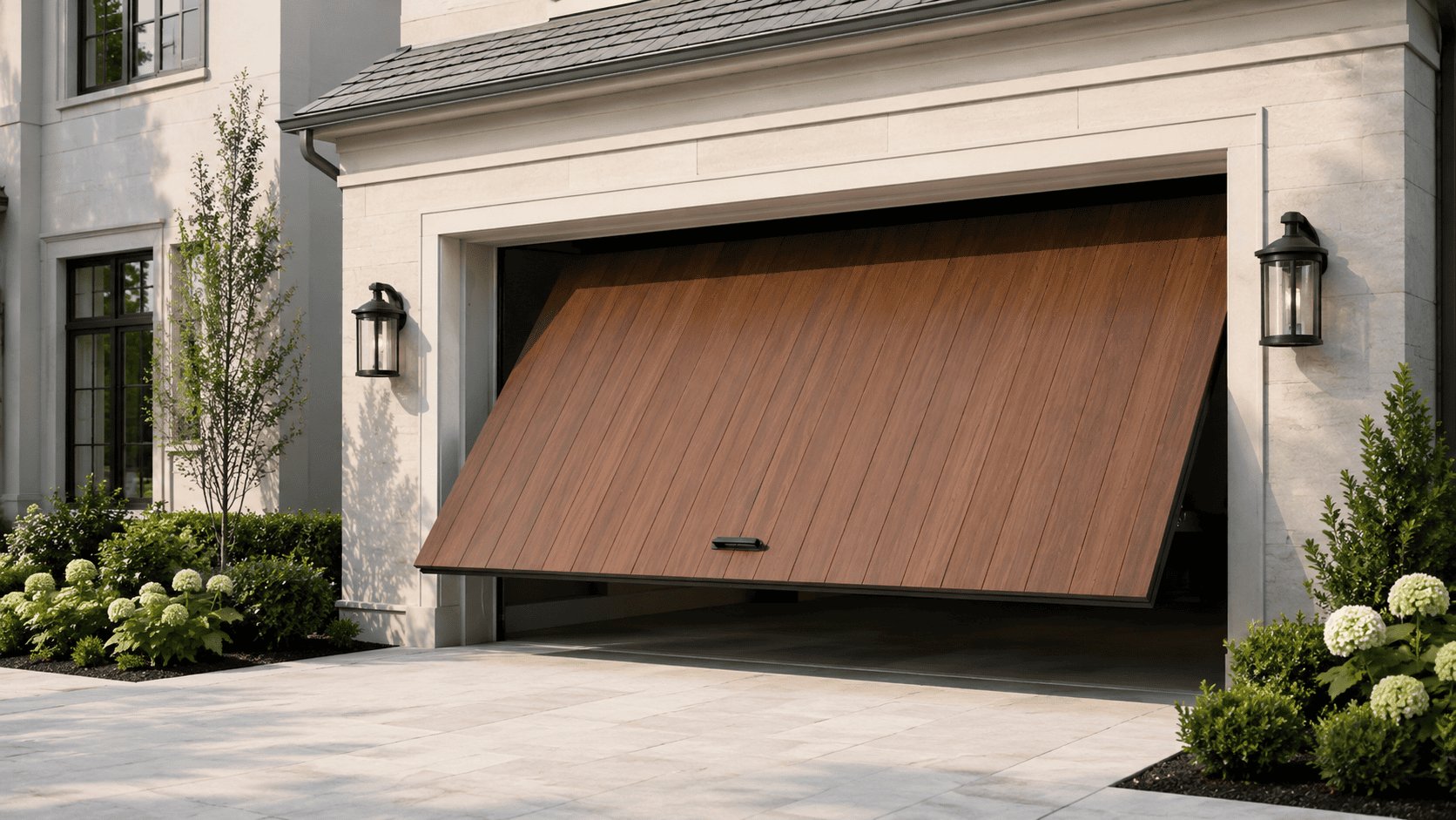 Tilt-up garage door mid-open — Stafford